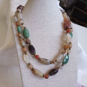 Vintage Multi Color semiprecious Agate amethyst nephrite Bead 40” Necklace